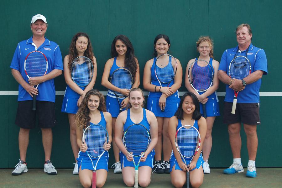 Seabury Hall's 2013-2014 girls tennis team is led by co-team captains junior Anna Ezzay (front row, center) and sophomore Lauralei Singsank (back row, fourth from the left).