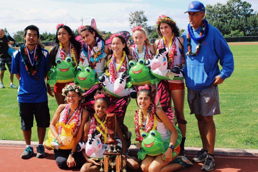 Seabury Hall's girls cross country team celebrates its first place overall title at the 2016 Hawaii Cross Country State Championships.