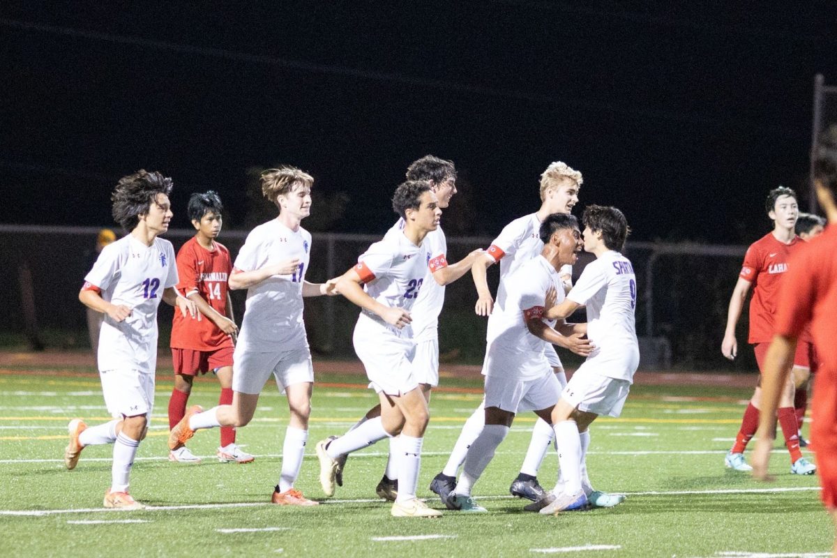 The Seabury boys soccer team celebrates a win against Lahainaluna during an exhibition game on Saturday evening. 