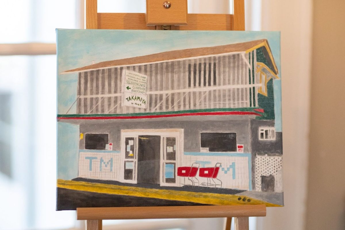 Stafford’s piece, Takamiya Market, is displayed in the Cooper House. The piece is acrylic on canvas.
